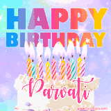 A vibrant animated name GIF with the words 'Happy Birthday Parvati' with colorful candles on a creamy cake. The background sparkles with pastel shades, adding a festive touch.