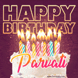 A colorful birthday cake topped with lit candles, with the words 'Happy Birthday Parvati' in bold glowing letters on a burgundy background. Animated flames add a festive touch.