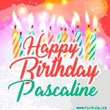 Bright birthday candles with rainbow flames on a cake, alongside the text 'Happy Birthday Pascaline' in vibrant script in this celebratory animated GIF.