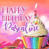 A vibrant birthday GIF featuring a rainbow-colored cupcake topped with white frosting, sprinkles, and a lit candle. The text reads 'Happy Birthday Pascaline' in bold pink and violet letters with white outline.