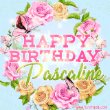 A charming animated GIF featuring 'Happy Birthday Pascaline' in pink and green text, surrounded by delicate roses, leaves, and fluttering butterflies on a soft light blue pastel background.