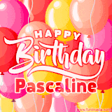 A vibrant name GIF featuring colorful balloons in shades of pink, orange, and yellow with the bold text 'Happy Birthday Pascaline' in festive fonts, creating a lively birthday vibe.