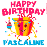 A vibrant and funny gift box character with a happy face dancing with a cupcake and the text 'Happy Birthday Pascaline,' surrounded by animated confetti and party vibes.