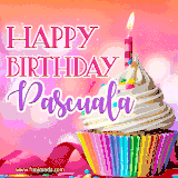 A vibrant birthday GIF featuring a rainbow-colored cupcake topped with white frosting, sprinkles, and a lit candle. The text reads 'Happy Birthday Pascuala' in bold pink and violet letters with white outline.