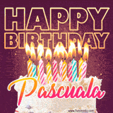 A colorful birthday cake topped with lit candles, with the words 'Happy Birthday Pascuala' in bold glowing letters on a burgundy background. Animated flames add a festive touch.
