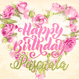 A stunning heart made of pink roses surrounds the elegant script text 'Happy Birthday Pascuala' on a soft beige background. Animated sparkles add a magical and festive feel.