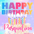 Animated Happy Birthday Cake with Name Pasqualina and Burning Candles