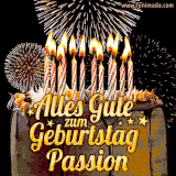 A chocolate birthday cake with glowing candles, the German text 'Alles Gute zum Geburtstag Passion,' and vibrant fireworks lighting up the background in an animated GIF.