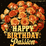 Animated bouquet of orange roses with moving butterfles and golden 'Happy Birthday Passion' text, surrounded by sparkling accents and a dark backdrop for a luxurious feel.