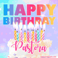 Animated Happy Birthday Cake with Name Pastora and Burning Candles