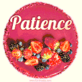 Beautifully decorated red velvet berry birthday cake with vibrant fruits and a glowing 'Patience' name, adding a touch of sweetness and sparkle.