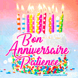 A white birthday cake covered in colorful sprinkles, topped with bright candles, and French text 'Bon Anniversaire Patience' on a pastel gradient background in an animated GIF.