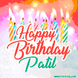 Bright birthday candles with rainbow flames on a cake, alongside the text 'Happy Birthday Patil' in vibrant script in this celebratory animated GIF.