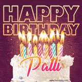 A colorful birthday cake topped with lit candles, with the words 'Happy Birthday Patli' in bold glowing letters on a burgundy background. Animated flames add a festive touch.