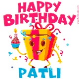 A vibrant and funny gift box character with a happy face dancing with a cupcake and the text 'Happy Birthday Patli,' surrounded by animated confetti and party vibes.