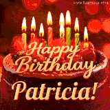 Beautifully decorated red velvet berry birthday cake with vibrant fruits and a glowing 'Patricia' name, adding a touch of sweetness and sparkle.