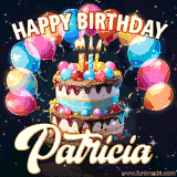 Bright birthday animation for Patricia with a chocolate cake, candles, balloons, and glowing celebratory lights.