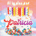Personalized for Patricia elegant birthday cake adorned with rainbow sprinkles, colorful candles and glitter