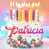 A cheerful white birthday cake with multicolor sprinkles, lit candles, and 'Patricia' written in vibrant letters, in an animated GIF.