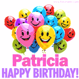 Animated colorful and joyful birthday balloons with cheerful smiles and a bright 'Happy Birthday Patricia!' message in pink and purple.
