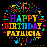 Personalized greeting card with name, colorful text that says 'Happy Birthday Patricia' surrounded by animated fireworks and multicolor stars