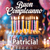 Birthday cake topped with pink and yellow lit candles, surrounded by glowing bokeh lights and party balloons. The greeting 'Buon Compleanno Patricia GIF!' is displayed.