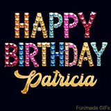 Vibrant luxury birthday greeting card for Patricia, showing glittering gemstone letters and golden calligraphy on a dark background with twinkling shine effects.