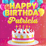 Pink-themed animated greeting with balloons, confetti, and a frosted cake under the message 'Happy Birthday Patricia' in bold rounded yellow font.