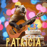 Animated birthday GIF showing a capybara playing guitar and singing beside a birthday cake with the name Patricia in large letters and colorful bokeh lights in the background.
