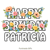 Animated floral Happy Birthday Patricia digital greeting card on a white background