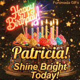 Glowing pink neon light topper saying Happy Birthday on a chocolate cake with the name Patricia! on the front.