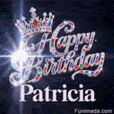 Personalised greeting card for Patricia featuring a majestic queen headpiece and glowing particle beams.