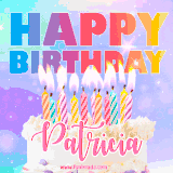 A vibrant animated name GIF with the words 'Happy Birthday Patricia' with colorful candles on a creamy cake. The background sparkles with pastel shades, adding a festive touch.