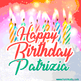 Bright birthday candles with rainbow flames on a cake, alongside the text 'Happy Birthday Patrizia' in vibrant script in this celebratory animated GIF.