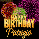 A golden 'Happy Birthday Patrizia' message with vibrant fireworks in the background, creating a festive and celebratory vibe in this animated name GIF.