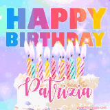 A vibrant animated name GIF with the words 'Happy Birthday Patrizia' with colorful candles on a creamy cake. The background sparkles with pastel shades, adding a festive touch.