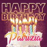 A colorful birthday cake topped with lit candles, with the words 'Happy Birthday Patrizia' in bold glowing letters on a burgundy background. Animated flames add a festive touch.