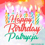 Bright birthday candles with rainbow flames on a cake, alongside the text 'Happy Birthday Patrycja' in vibrant script in this celebratory animated GIF.