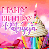 A vibrant birthday GIF featuring a rainbow-colored cupcake topped with white frosting, sprinkles, and a lit candle. The text reads 'Happy Birthday Patrycja' in bold pink and violet letters with white outline.