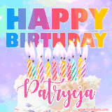 A vibrant animated name GIF with the words 'Happy Birthday Patrycja' with colorful candles on a creamy cake. The background sparkles with pastel shades, adding a festive touch.