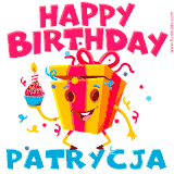 A vibrant and funny gift box character with a happy face dancing with a cupcake and the text 'Happy Birthday Patrycja,' surrounded by animated confetti and party vibes.