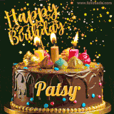 A delightful chocolate birthday cake with bright candles and 'Happy Birthday Patsy' written in gold amidst a shower of animated stars.