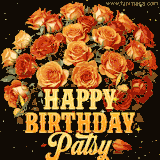 Animated bouquet of orange roses with moving butterfles and golden 'Happy Birthday Patsy' text, surrounded by sparkling accents and a dark backdrop for a luxurious feel.