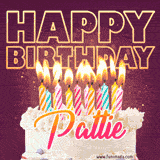 A colorful birthday cake topped with lit candles, with the words 'Happy Birthday Pattie' in bold glowing letters on a burgundy background. Animated flames add a festive touch.