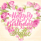 A stunning heart made of pink roses surrounds the elegant script text 'Happy Birthday Pattie' on a soft beige background. Animated sparkles add a magical and festive feel.