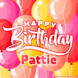 A vibrant name GIF featuring colorful balloons in shades of pink, orange, and yellow with the bold text 'Happy Birthday Pattie' in festive fonts, creating a lively birthday vibe.