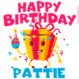 A vibrant and funny gift box character with a happy face dancing with a cupcake and the text 'Happy Birthday Pattie,' surrounded by animated confetti and party vibes.