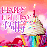 A vibrant birthday GIF featuring a rainbow-colored cupcake topped with white frosting, sprinkles, and a lit candle. The text reads 'Happy Birthday Patty' in bold pink and violet letters with white outline.