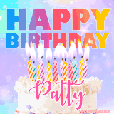 A vibrant animated name GIF with the words 'Happy Birthday Patty' with colorful candles on a creamy cake. The background sparkles with pastel shades, adding a festive touch.