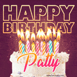 A colorful birthday cake topped with lit candles, with the words 'Happy Birthday Patty' in bold glowing letters on a burgundy background. Animated flames add a festive touch.